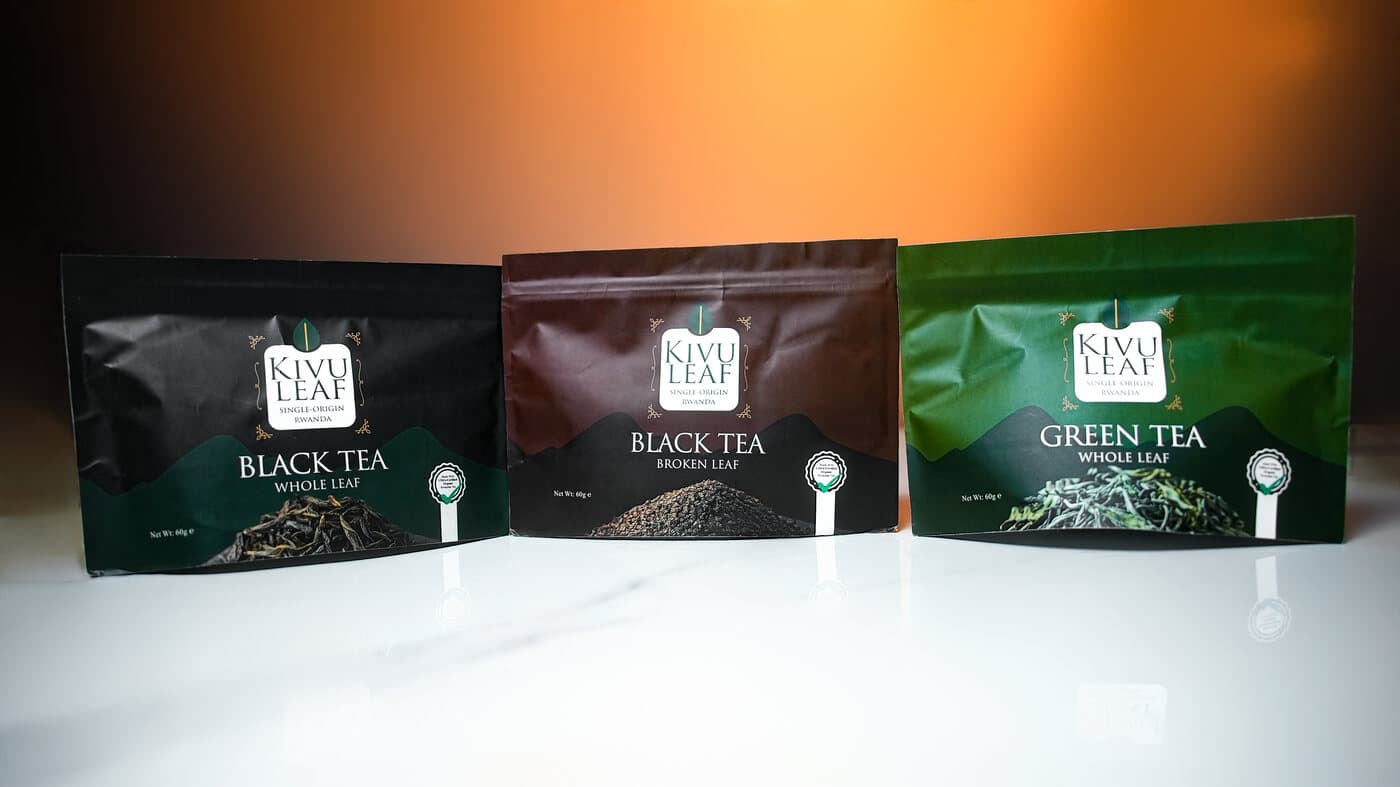 KIVU Leaf Black Tea Whole Leaf, Black Tea Broken Leaf, and Green Tea Whole Leaf pouches side by side